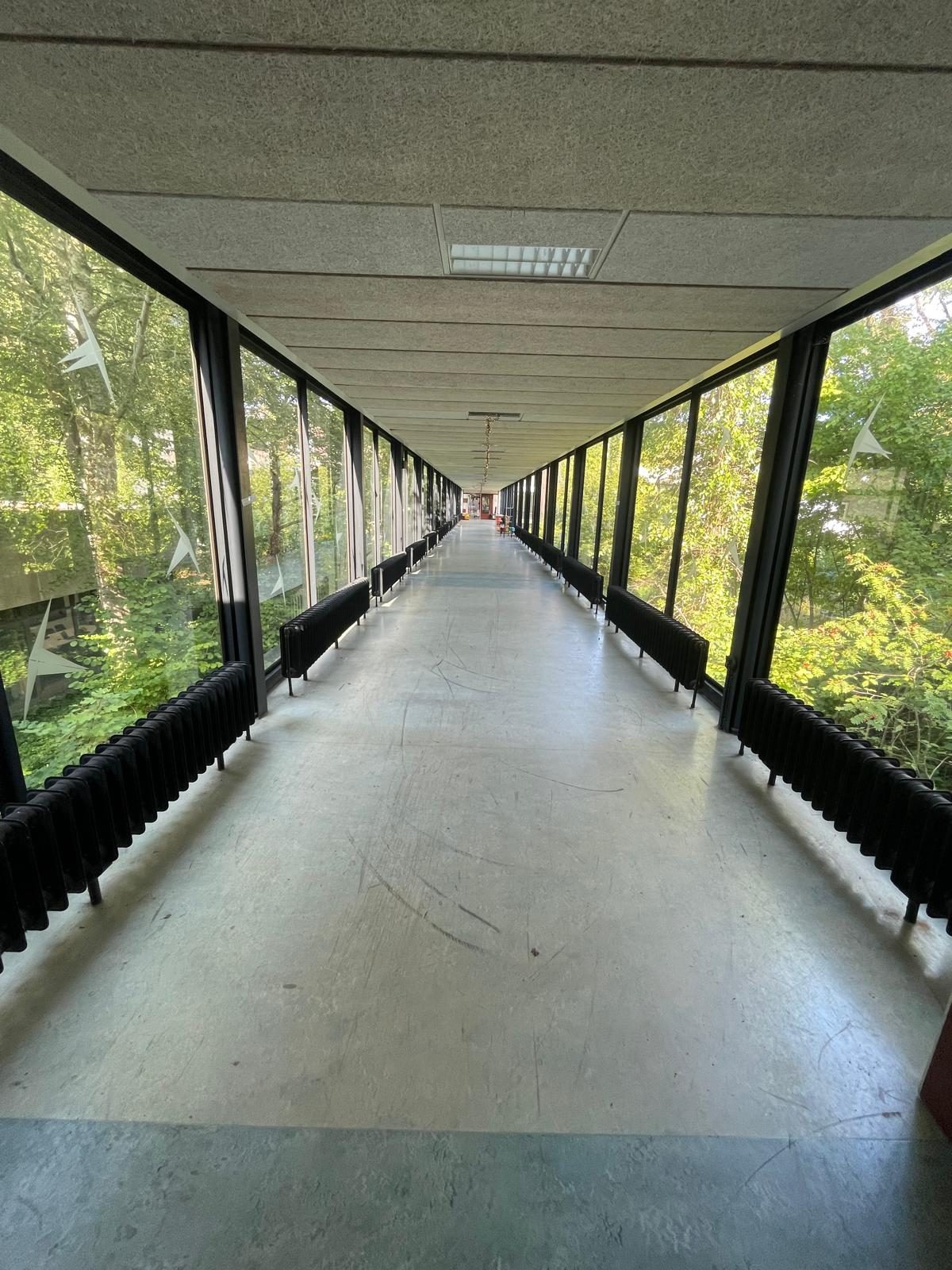 De glazen luchtbrug in de Biotoop, tussen vleugel F en vleugel D. Hier hangt Carrier Wave.