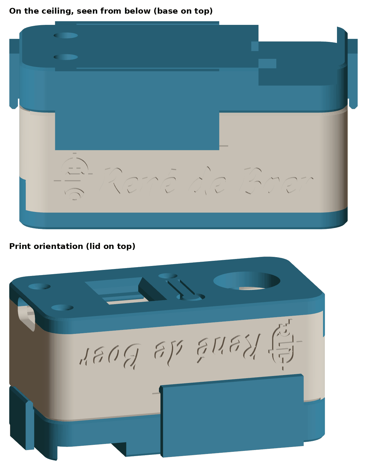 Het logo in reliëf op de zijkant. Bovenaan zoals je het ziet als het kastje aan het plafond hangt, onderaan zoals het op de printer staat.